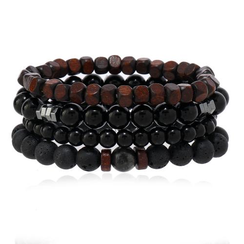 Gemstone Bracelets, Lava, with Glass Beads & Labradorite & Hematite & Wood, 4 pieces & fashion jewelry & for man, black, Length:Approx 19 cm, Sold By Set