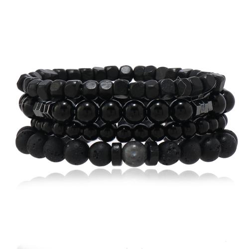 Gemstone Bracelets Lava with Glass Beads & Labradorite & Hematite & Wood 4 pieces & punk style & for man black Length 19 cm Sold By Set