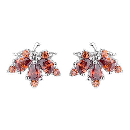 Cubic Zirconia Micro Pave Sterling Silver Earring, 925 Sterling Silver, Maple Leaf, plated, micro pave cubic zirconia & for woman, more colors for choice, 8x9mm, Sold By Pair