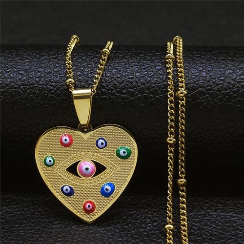 Evil Eye Jewelry Necklace, 304 Stainless Steel, Heart, polished, fashion jewelry & Unisex & enamel, golden, 25x26mm, Length:Approx 50 cm, Sold By PC