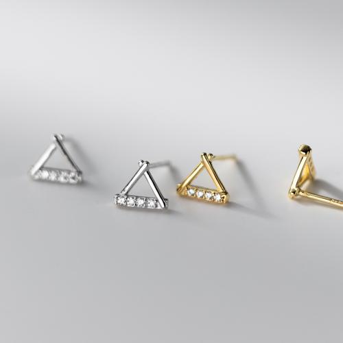 925 Sterling Silver Stud Earring, Triangle, plated, for woman & with rhinestone & hollow, more colors for choice, 17x6mm, Sold By Pair