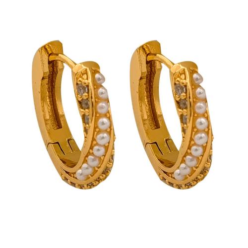 Cubic Zirconia Micro Pave Brass Earring, with Plastic Pearl, real gold plated, fashion jewelry & micro pave cubic zirconia & for woman, golden, nickel, lead & cadmium free, 17x3mm, Sold By Pair