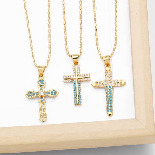 Cubic Zircon Micro Pave Brass Necklace Cross plated fashion jewelry & micro pave cubic zirconia gold nickel lead & cadmium free Sold By PC