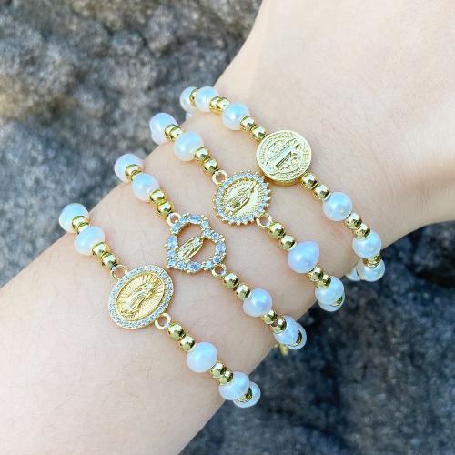 Cubic Zirconia Micro Pave Brass Bracelet with Plastic Pearl plated fashion jewelry & micro pave cubic zirconia golden nickel lead & cadmium free Sold By PC
