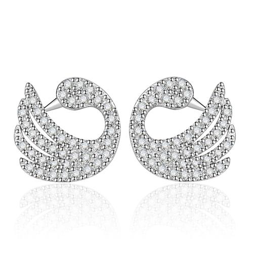 Cubic Zirconia Micro Pave Brass Earring, Swan, plated, micro pave cubic zirconia & for woman, platinum color, 11x11x12.50mm, Sold By Pair