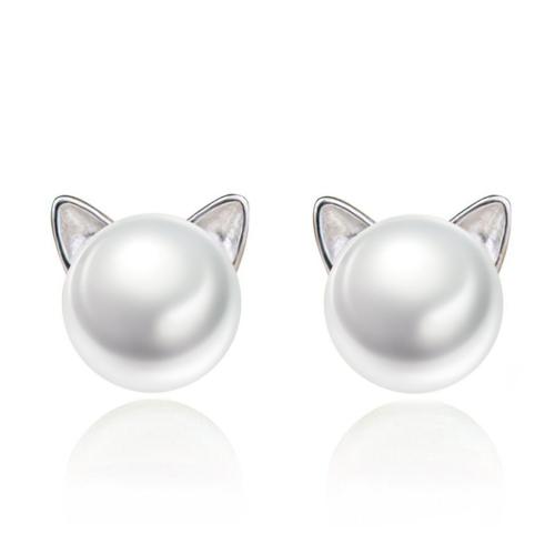 Brass Stud Earring, with Plastic Pearl, plated, for woman, platinum color, 10x8mm, Sold By Pair