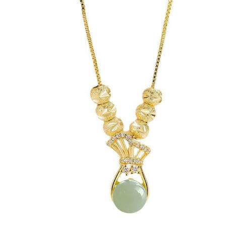 Cubic Zircon Micro Pave Brass Necklace, with Jade, plated, micro pave cubic zirconia & for woman, golden, Sold By PC