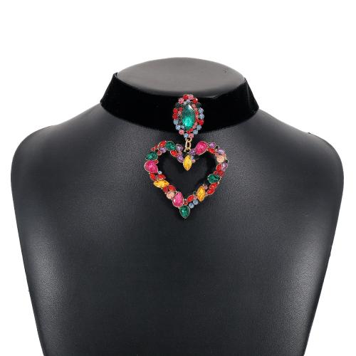 Zinc Alloy Choker Necklace with Cloth Heart plated for woman & with rhinestone & hollow Length Approx 12.2-15.35 Inch Sold By PC