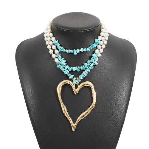 Tibetan Style Necklace, with Turquoise & Plastic Pearl, Heart, plated, multilayer & Bohemian style & for woman & hollow, more colors for choice, Length:Approx 14.6-17.7 Inch, Sold By PC