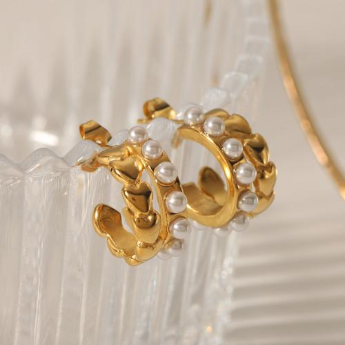 Boucle d'oreille de gaujon en acier inoxydable, Acier inoxydable 304, avec perle de plastique, Plaqué or 18K, bijoux de mode & pour femme, doré, 19.10x8.40mm, Vendu par paire
