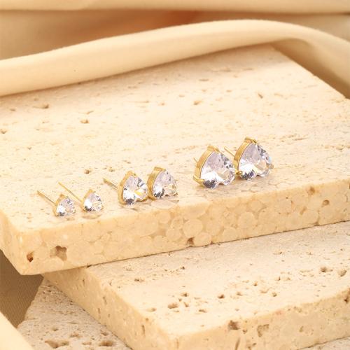 Stainless Steel Stud Earrings, 304 Stainless Steel, Heart, 18K gold plated, three pieces & fashion jewelry & micro pave cubic zirconia & for woman, Sold By Set