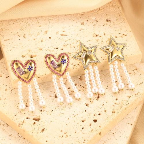 Fashion Fringe Earrings 304 Stainless Steel with Plastic Pearl 18K gold plated fashion jewelry & micro pave cubic zirconia & for woman golden Sold By Pair