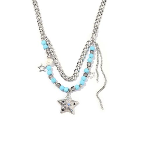 Titanium Steel Necklace with Turquoise & Crystal Star fashion jewelry & for woman & with rhinestone mixed colors Length Approx 41.5-48 cm Sold By PC