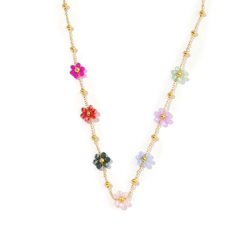 Colar de aço titânio, Partículas de aço, with cristal, Flor, joias de moda & para mulher, cores misturadas, comprimento Aprox 39-44.5 cm, vendido por PC