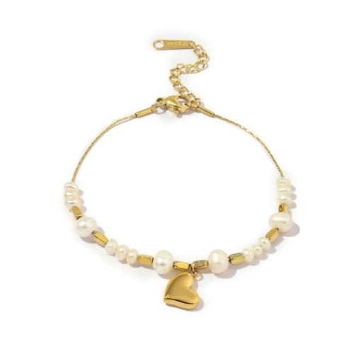 Bracelet d'acier titane, avec perle de plastique, coeur, bijoux de mode & pour femme, couleurs mélangées, Longueur:Environ 18-22.5 cm, Vendu par PC