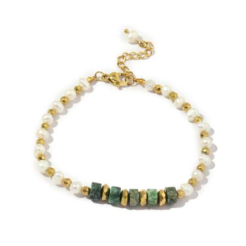 Titanium ocel náramek, s Přírodní kámen & Sladkovodní Pearl, módní šperky & pro ženy, smíšené barvy, Délka Cca 17.5-21.5 cm, Prodáno By PC