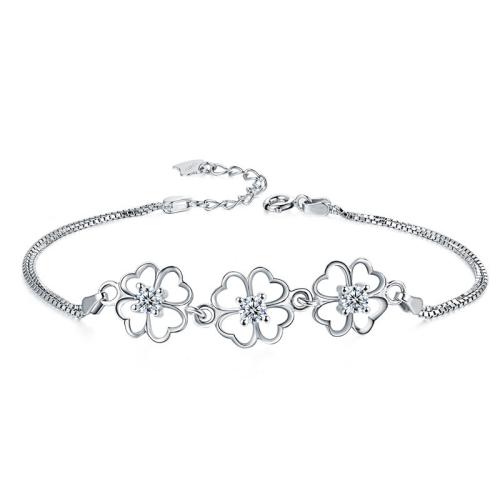 925 Sterling Silver Bangle Bracelet with 3cm extender chain Four Leaf Clover fashion jewelry & for woman & with rhinestone nickel lead & cadmium free Length Approx 16 cm Sold By PC