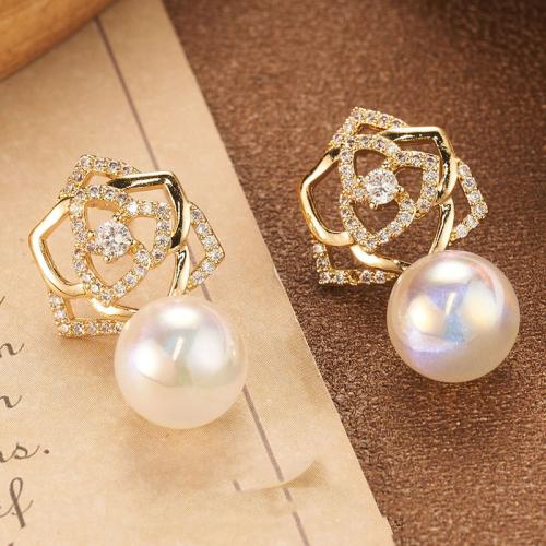 Tibetan Style Stud Earring, with ABS Plastic Pearl, plated, fashion jewelry & with rhinestone, golden, nickel, lead & cadmium free, 16x30mm, Sold By Pair