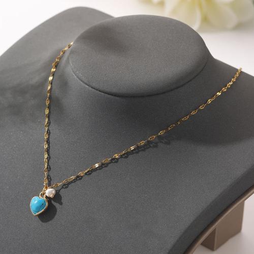 Tibetan Style Jewelry Necklace, with ABS Plastic Pearl & Turquoise, with 6cm extender chain, Heart, plated, fashion jewelry, golden, nickel, lead & cadmium free, Length:40 cm, Sold By PC