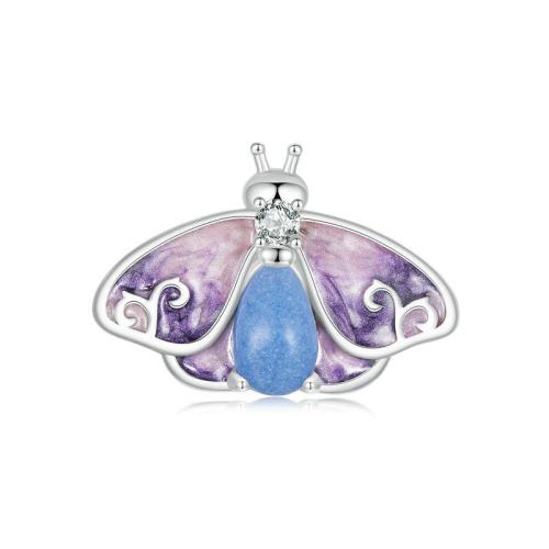 925 Sterling Silver Beads, with Night-Light Stone, Butterfly, plated, DIY & micro pave cubic zirconia & enamel, platinum color, 12x16mm, Hole:Approx 4.5mm, Sold By PC