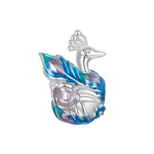 925 Sterling Silver Beads, with Glass, Peacock, plated, DIY & micro pave cubic zirconia & enamel, platinum color, 17x12mm, Hole:Approx 4.5mm, Sold By PC