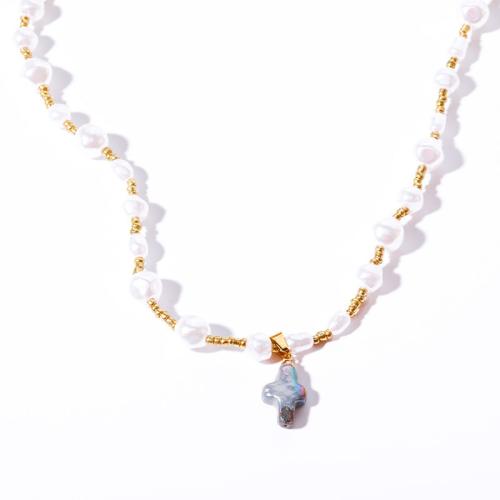 Brass Necklace with Freshwater Pearl with 5cm extender chain & for woman Length 38 cm Sold By PC