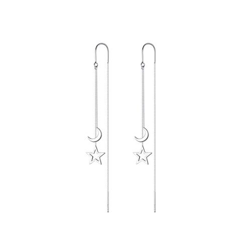 925 Sterling Silver Thread Through Earrings, Moon and Star, platinum plated, box chain & for woman & hollow, 92mm, Sold By Pair