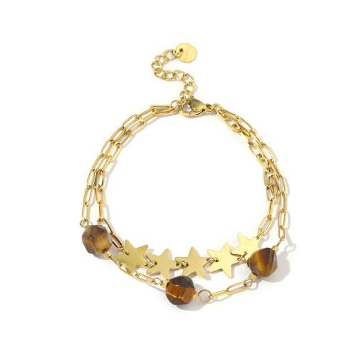 Bracelet d'acier titane, avec oeil de tigre, Double couche & bijoux de mode & pour femme, doré, Longueur:Environ 18-21.5 cm, Vendu par PC