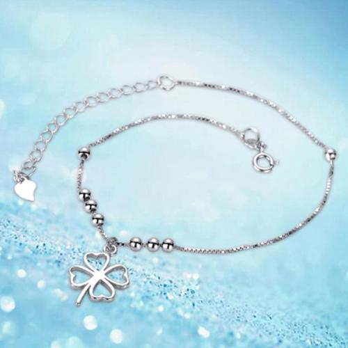 Fashion Sterling Silver Anklet, 925 Sterling Silver, with 3.5cm extender chain, Four Leaf Clover, fashion jewelry & for woman, nickel, lead & cadmium free, Length:Approx 24.5 cm, Sold By PC