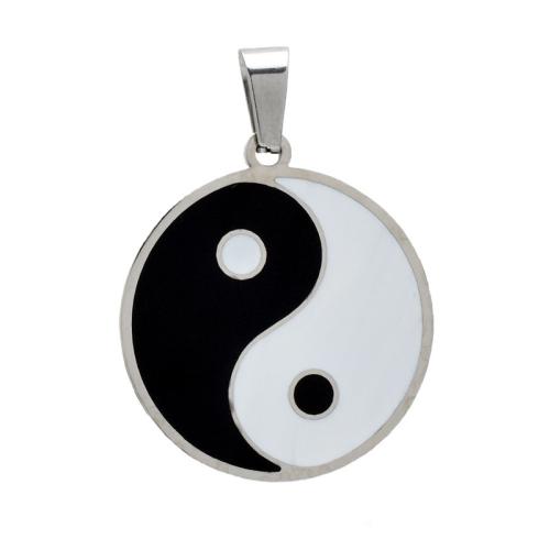 Stainless Steel Pendants, 304 Stainless Steel, Flat Round, polished, DIY & enamel, white and black, 25x35x1.70mm, Sold By PC