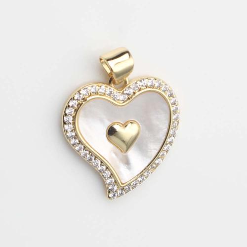 Cubic Zirconia Micro Pave Brass Pendant, with White Shell, Heart, gold color plated, DIY & micro pave cubic zirconia, white, nickel, lead & cadmium free, 19.80x18.40x2.90mm, Sold By PC