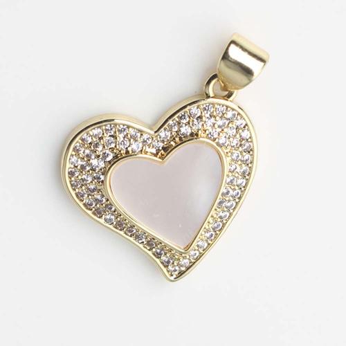 Cubic Zirconia Micro Pave Brass Pendant, with White Shell, Heart, gold color plated, DIY & micro pave cubic zirconia, white, nickel, lead & cadmium free, 21.70x18.20x3.20mm, Sold By PC