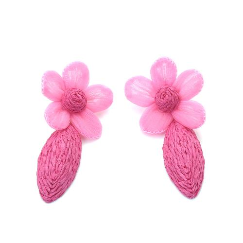 Tibetan Style Stud Earring, with Rafidah Grass & Gauze, Flower, handmade, fashion jewelry & for woman, more colors for choice, nickel, lead & cadmium free, 82x43mm, Sold By Pair