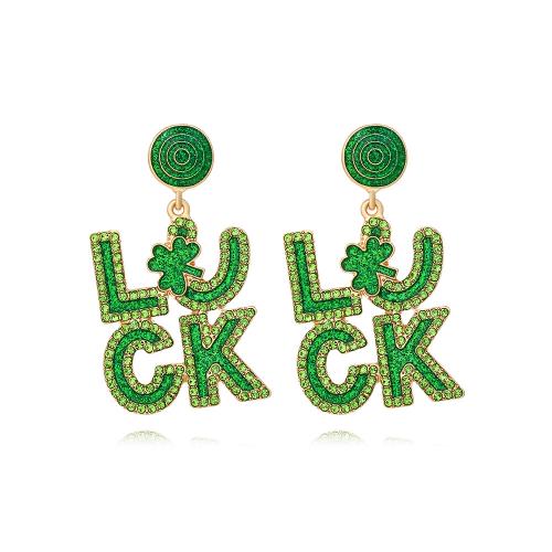Zinc Alloy Stud Earring Alphabet Letter for woman & enamel & with rhinestone green nickel lead & cadmium free Sold By Pair