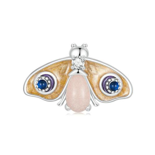 925 Sterling Silver European Beads with Spinel & Night-Light Stone Butterfly plated DIY & micro pave cubic zirconia & enamel platinum color Sold By PC