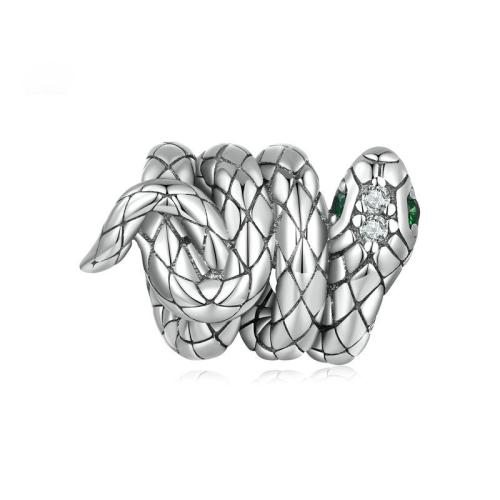 925 Sterling Silver European Beads, with Spinel, Snake, plated, DIY & micro pave cubic zirconia, silver color, 8x12mm, Sold By PC