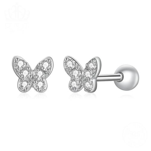 Cubic Zirconia Micro Pave Sterling Silver Earring, 925 Sterling Silver, Butterfly, plated, micro pave cubic zirconia & for woman, platinum color, 4x5mm, Sold By Pair