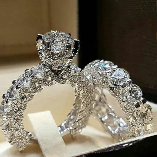 Juego de anillos de aleación de zinc, chapado, 2 piezas & unisexo & diverso tamaño para la opción & con diamantes de imitación, plateado, Vendido por UD
