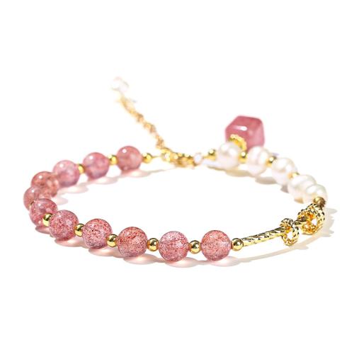 Strawberry Quartz Bracelet, with Freshwater Pearl & Brass, handmade, fashion jewelry & for woman, Length:Approx 6-8 Inch, Sold By PC