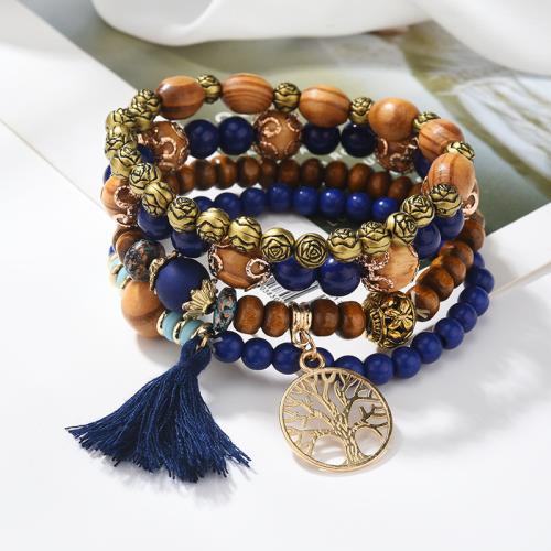 Zinc Alloy armbånd, med turkis & Træ, 4 stykker & mode smykker & for kvinde, flere farver til valg, nikkel, bly & cadmium fri, Længde Ca. 17 cm, Solgt af sæt