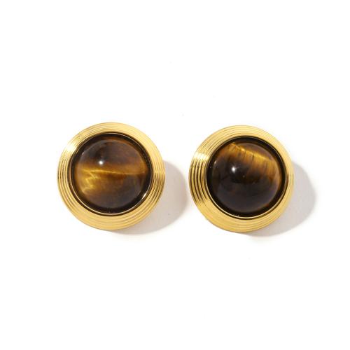 Titanium Steel  Earring with Tiger Eye & Plastic Pearl Round Vacuum Ion Plating fashion jewelry & for woman Sold By Pair