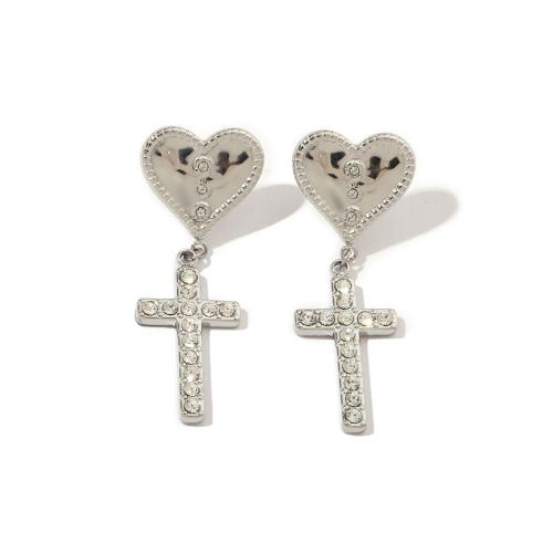 Titanium Steel  Earring with Cubic Zirconia Cross fashion jewelry & for woman original color Sold By Pair