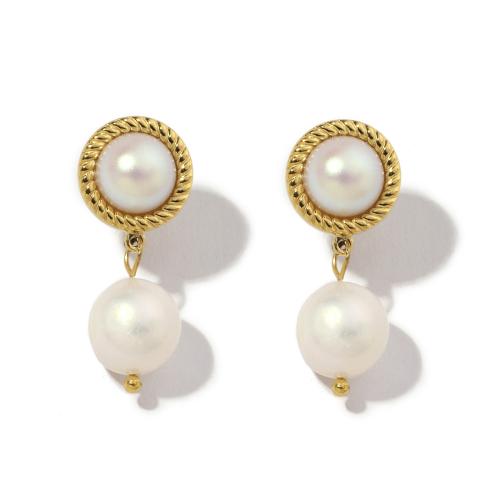 Titanium Steel  Earring with Plastic Pearl Round Vacuum Ion Plating fashion jewelry & for woman white Sold By Pair