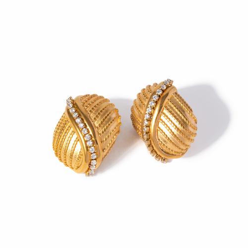 Stainless Steel Stud Earrings, 304 Stainless Steel, 18K gold plated, fashion jewelry & for woman & with rhinestone, golden, 30x25mm, Sold By Pair