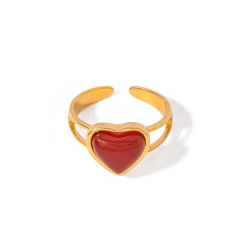 Stainless Steel Finger Ring 304 Stainless Steel with Red Agate Heart 18K gold plated fashion jewelry & for woman golden Sold By PC