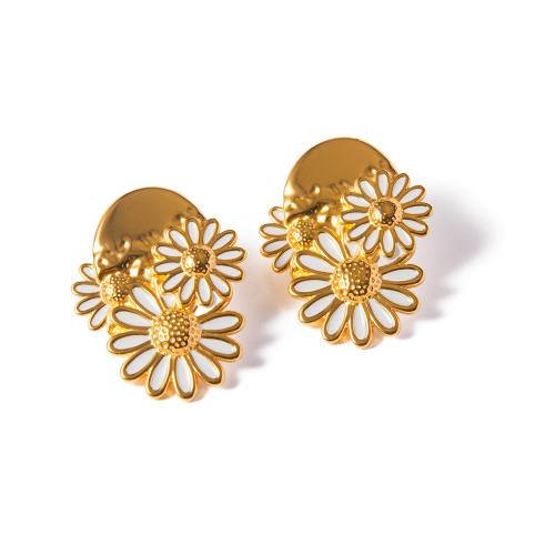 Stainless Steel Stud Earrings 304 Stainless Steel Daisy 18K gold plated fashion jewelry & for woman & enamel golden Sold By Pair