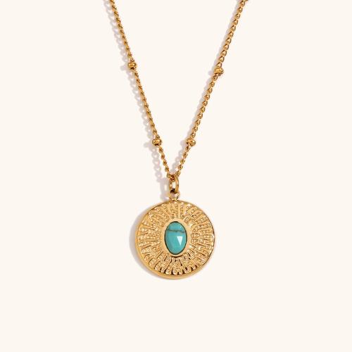 Stainless Steel Jewelry Necklace, 316L Stainless Steel, with turquoise, 18K gold plated, fashion jewelry & for woman, golden, 15.50x17.70mm, Sold Per Approx 40 cm Strand