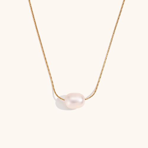 Stainless Steel Jewelry Necklace, 316L Stainless Steel, with Freshwater Pearl, with 5cm extender chain, 18K gold plated, fashion jewelry & for woman, golden, 8.90x6.80mm, Sold Per Approx 40 cm Strand
