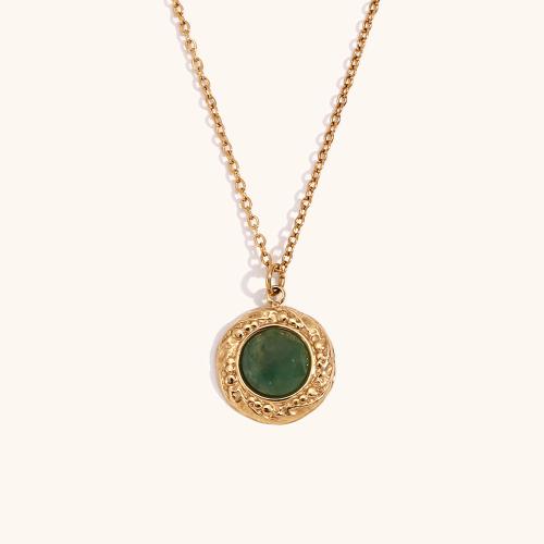 Stainless Steel Jewelry Necklace, 316L Stainless Steel, with Green Aventurine, with 5cm extender chain, 18K gold plated, fashion jewelry & for woman, golden, 18.70x14.40mm, Sold Per Approx 40 cm Strand