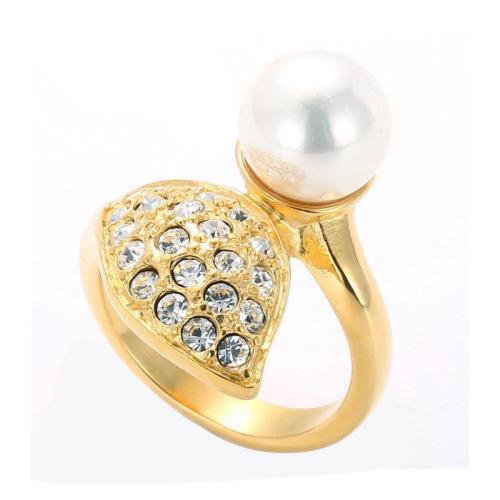 Rhinestone Stainless Steel Finger Ring, 304 Stainless Steel, with Shell Pearl, Vacuum Ion Plating, fashion jewelry & different size for choice & for woman & with rhinestone, more colors for choice, Sold By PC